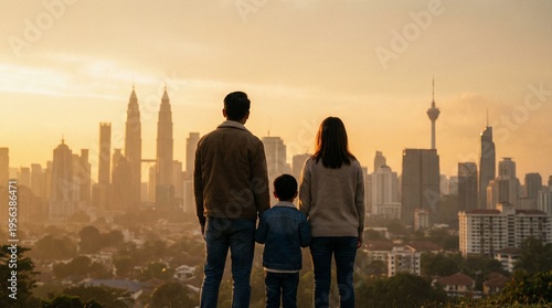 A family of three stands on a hill overlooking a city skyline with tall buildings and towers during a warm sunset.