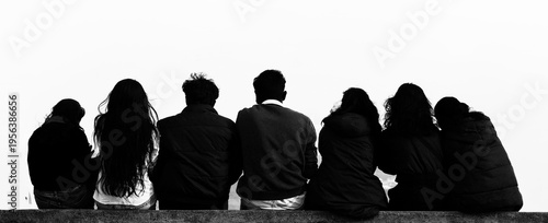 Young teenage indian students people guys girls sit on viewpoint watch blue sky  Group team of seven 7 happy people sits isolated on white heaven background. Travel vacations Back rear view