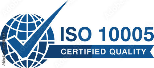 ISO 10005 Certified Quality Seal Featuring Blue Globe with Checkmark and Ribbon for Professional Quality Management Systems Standards.