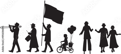 Parade silhouette illustration vector people marching with flag and music
