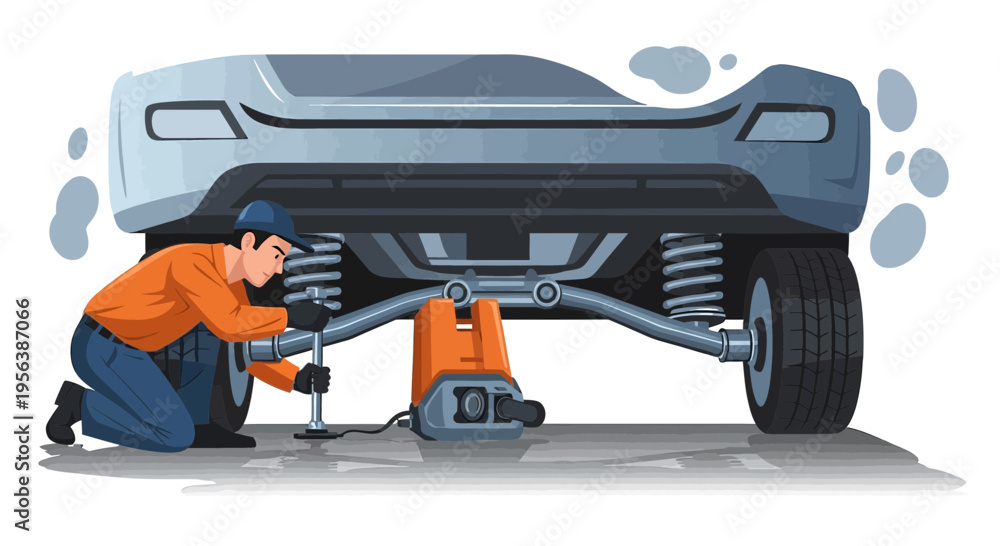 Naklejka premium Car mechanic skillfully lifting a vehicle with a hydraulic jack for repair maintenance