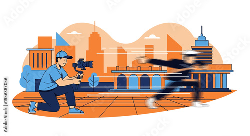 Capturing motion: A filmmaker records a runner in an urban landscape with dynamic movement