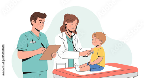 Caring medical team examining a child patient with stethoscope for routine checkup and note down