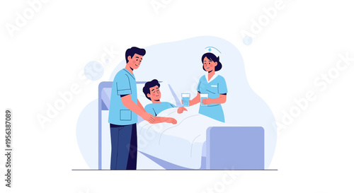 Caring medical staff tending to a patient in a hospital bed providing reassurance