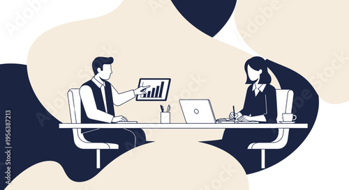 Business meeting illustration featuring a financial presentation and cooperative discussion