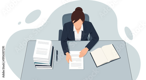 Businesswoman working at a desk with documents, paperwork and an open book in a professional