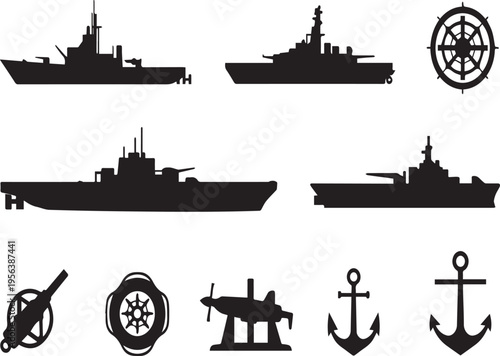 Set of black silhouettes featuring various vessels including cargo ships, military warships, and luxury yachts isolated on white for nautical transportation and sea travel vector illustrations