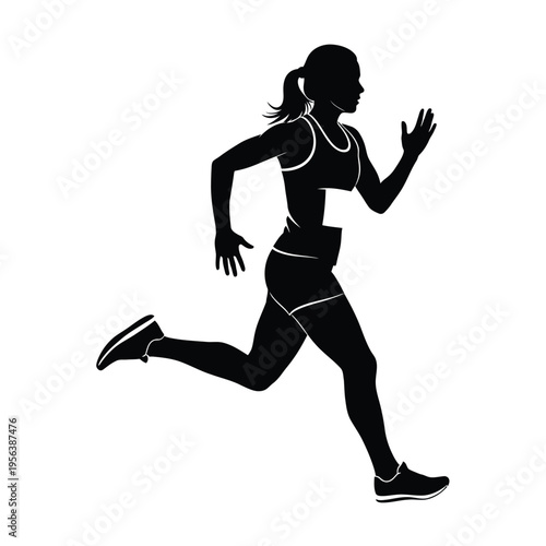 A female athlete silhouette runs forward powerfully wearing athletic shorts and a top.