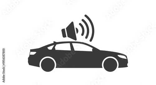 Car silhouette displays loud sound notification above its roof.