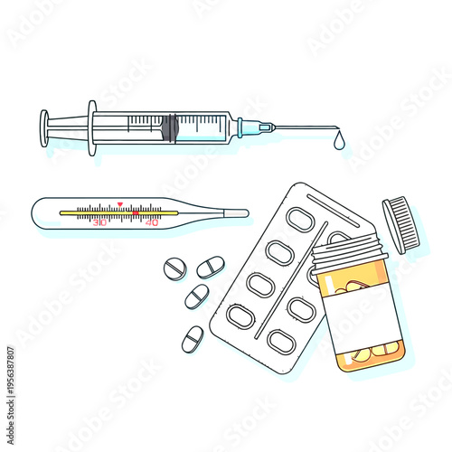 Healthcare illustration: Syringe, fever thermometer, blister pack, and scattered pills. Medical treatment, illness, and medication concept.