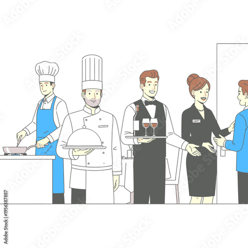 Professional hospitality staff in a restaurant setting, featuring chefs, waiter, and hostess greeting a customer. Food service team.