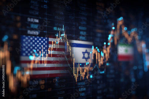Falling stock market chart with USA, Israel and Iran flags overlay, global financial crisis and geopolitical instability concept