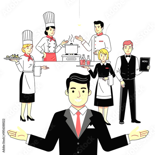 Modern illustration of diverse restaurant and hospitality staff, including chefs, waiters, and a manager, demonstrating teamwork and professional service.