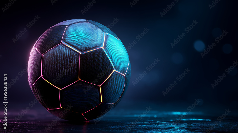 Naklejka premium Soccer ball with neon accents and digital light effects on dark background, futuristic sports branding and global tournament concept with fintech advertising style and copy space