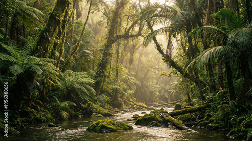 A serene tropical rainforest scene featuring a flowing stream surrounded by dense, lush green vegetation and tall trees covered in moss under soft, diffused sunlight.