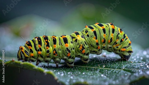 Wallpaper Mural Two green caterpillars with black and orange spots on a wet leaf. Torontodigital.ca