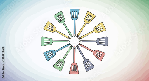 Circular arrangement of colorful slotted spatulas against a whimsical background offers kitchen