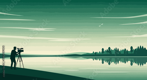 Cinematic capture landscape, a man filming nature reflecting on water surface, tranquility scene