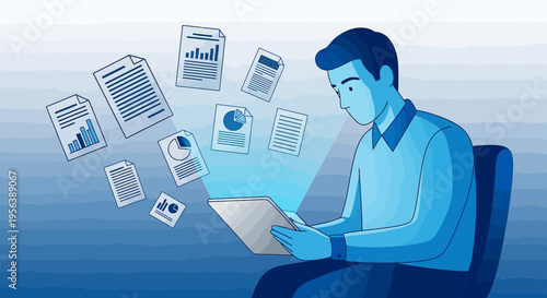 Cartoon illustration of a man using a tablet with data graphs and reports floating around him