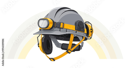 Cartoon illustration of a miner's helmet equipped with safety goggles and earmuffs