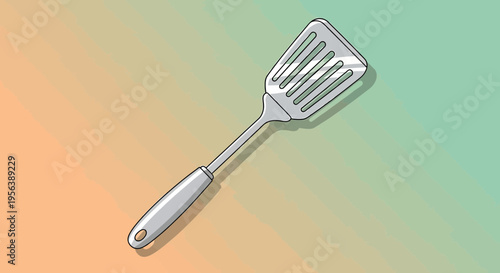Cartoon-style spatula on a gradient background showcasing kitchen utensils and cooking preparation