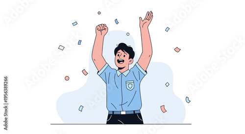 Celebrating success with confetti, a young man expressing joy with his arms raised in triumph