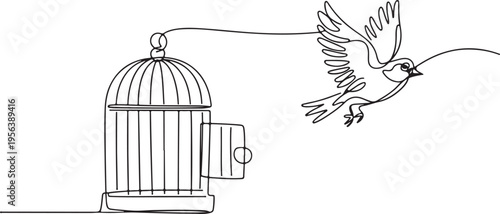 Bird flying out of an open birdcage in one line drawing