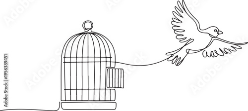 Bird escaping an open birdcage one line drawing flying