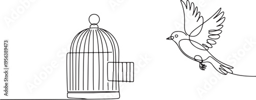 Bird flying from an open birdcage continuous line art