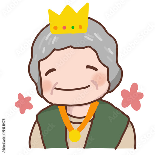 誕生日・記念日の主役！王冠を被った、かわいいおばあちゃんのイラスト