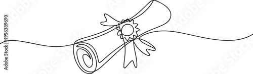 Continuous Line Drawing of a Graduation Scroll with Ribbon