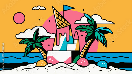 Flat vector illustration of a whimsical beach scene with a sandcastle and palm trees, perfect for summer promotions, travel blogs, or vacation advertisements.
