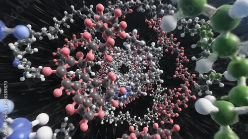 Close-up 3D visualization of complex molecular structure forming a spiral, science and technology concept