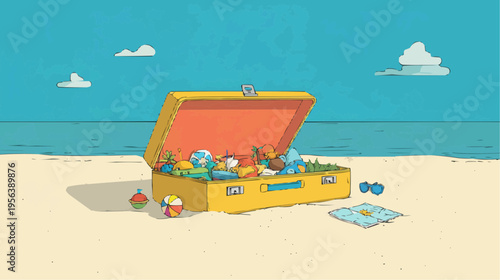 Flat vector illustration of an open suitcase filled with beach items on a sandy shore, perfect for travel blogs or vacation advertisements.
