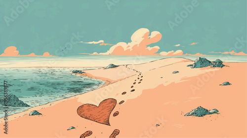 Flat vector illustration of bold footprints leading to a heart in the sand on a wide beach, suitable for romantic themes, travel blogs, or greeting cards.