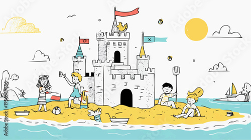 Flat vector illustration of bold kids playing in a sand scene, perfect for children's books, summer camp promotions, or beach-themed advertisements.