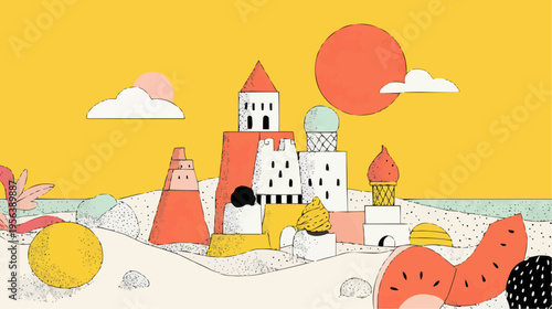 Flat vector illustration of bold kids playing in a sand scene, suitable for children's books, summer camp promotions, or playful website designs.