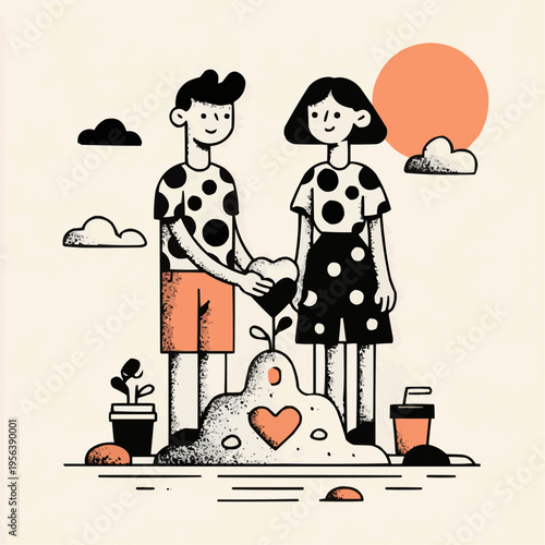 Flat vector illustration of a bold vacation couple planting a heart-shaped seed, suitable for romantic greeting cards, relationship blogs, or environmental campaigns.