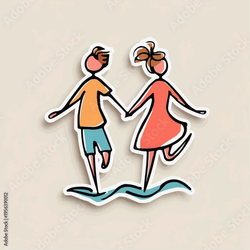 Flat vector sticker of a naive cartoon couple holding hands, perfect for vacation ads, travel blogs, or romantic greeting cards.
