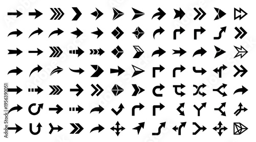 Comprehensive set of diverse vector arrow icons, illustrating movement, direction, and navigation for modern user interface and graphic design projects
