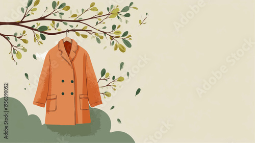 Flat vector illustration of an orange coat hanging on a tree branch, perfect for spring fashion blogs or seasonal promotions.