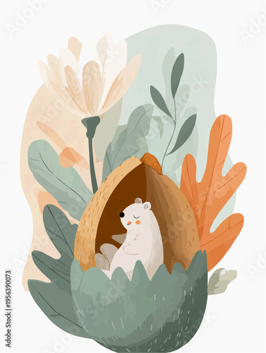 Flat vector illustration of a sleepy polar bear cub nestled in a nut shell, perfect for children's books, nursery decor, or spring-themed designs.