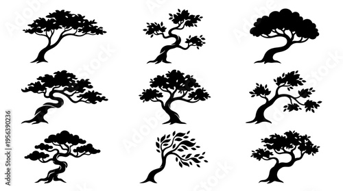 Collection of stylized silhouettes of bonsai trees in various artistic forms on a white background, representing nature and artistry