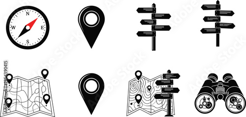 Navigation icons set with compass map location pin signpost and binoculars vector illustration isolated travel direction symbols collection design