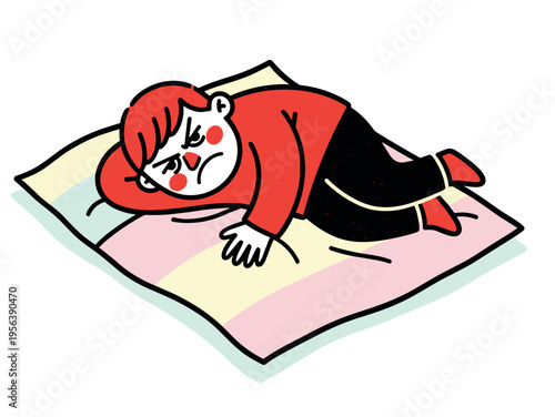 Distressed person lying on colorful mat illustration — emotional rest, mental wellness and visual content 