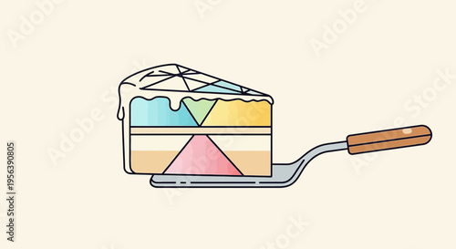 Colorful layered cake illustration on a serving spatula with whimsical design elements