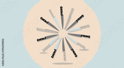 Circular array of various kitchen knives evoking culinary skills and expertise