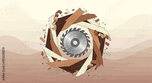 Circular saw blade encompassed with broken wood fragments in dynamic artistic rendition