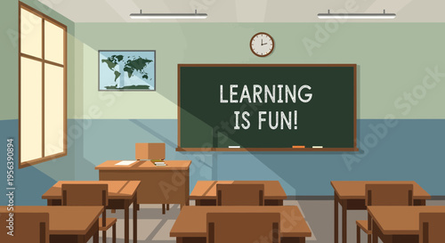 Classroom interior illustration portraying education and the joy of learning for young students