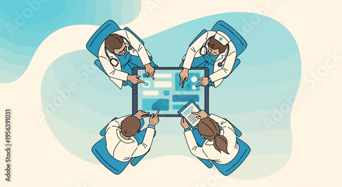Collaborative medical professionals analyzing patient data on digital tablet together team